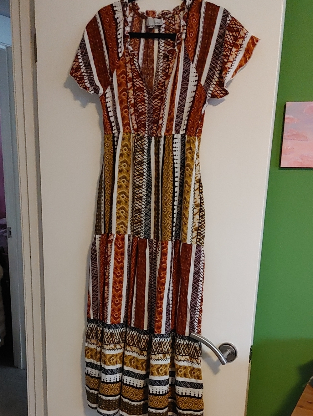 Bohemian Striped Tiered Maxi Dress in Rust & Mustard